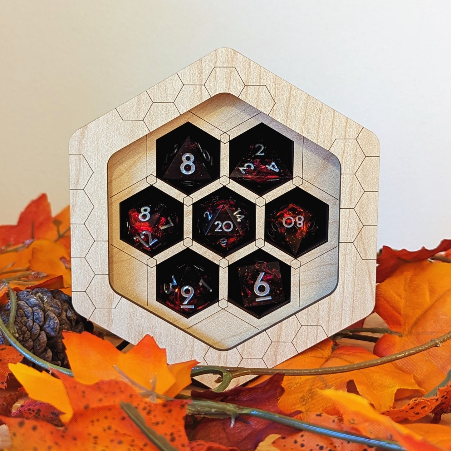 dragon woodshop dice display for a set of 7 standard dice, great gift for D&D dice goblins