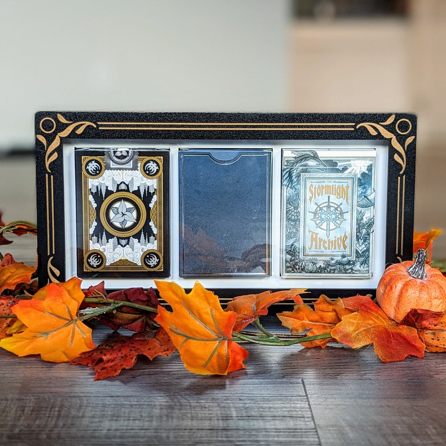 playing card deck 3-slot display frame, fits cards in standard boxes, great for magic the gathering, cards from Brandon Sanderson, pokemon, and more