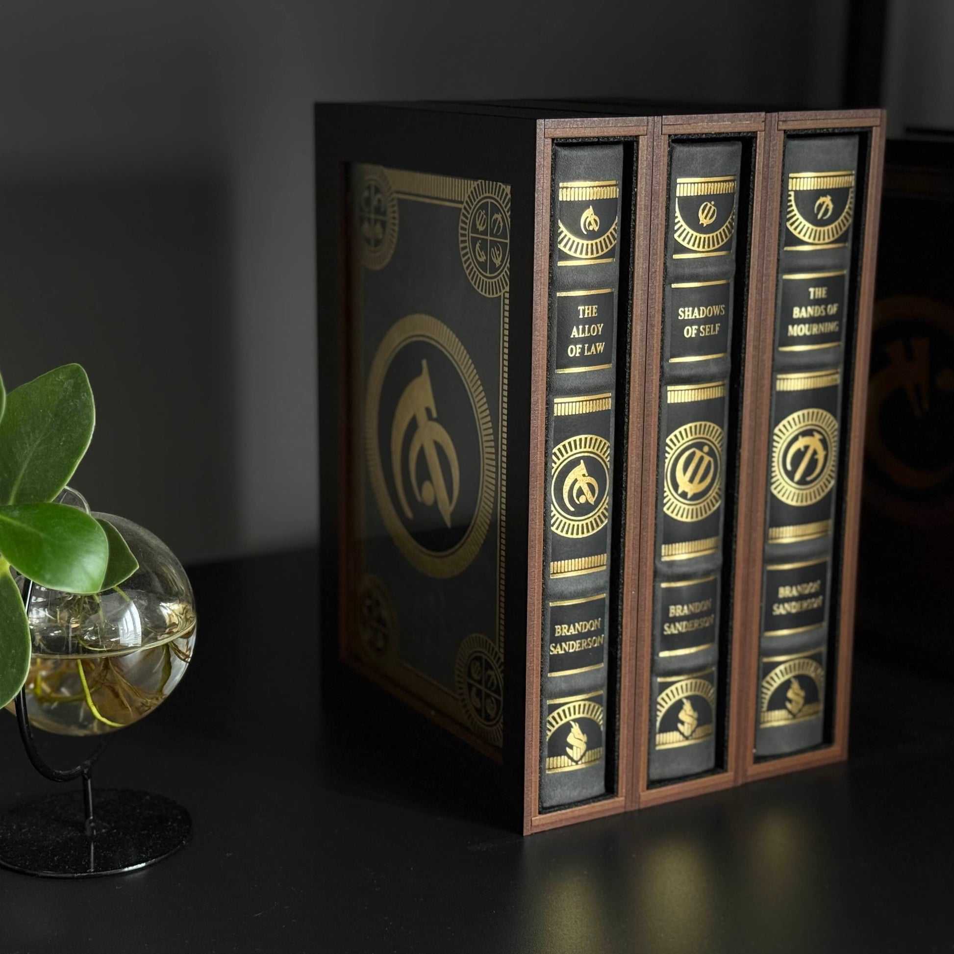 Custom size book display case by Dragon Woodshop made for Brandon Sanderson leatherbound mistborn books