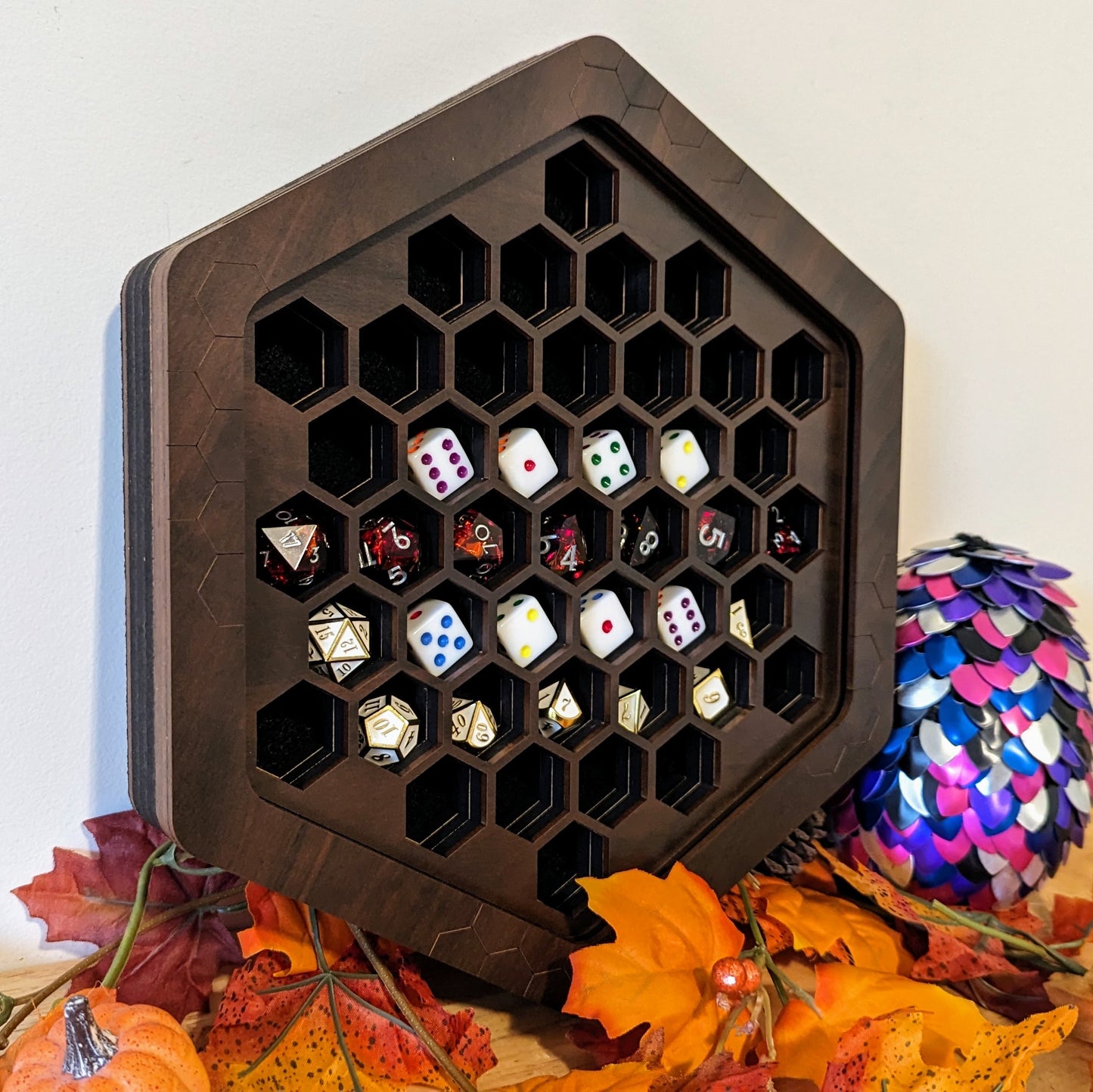 dragon woodshop dice display for a set of 7 standard dice, great gift for D&D dice goblins