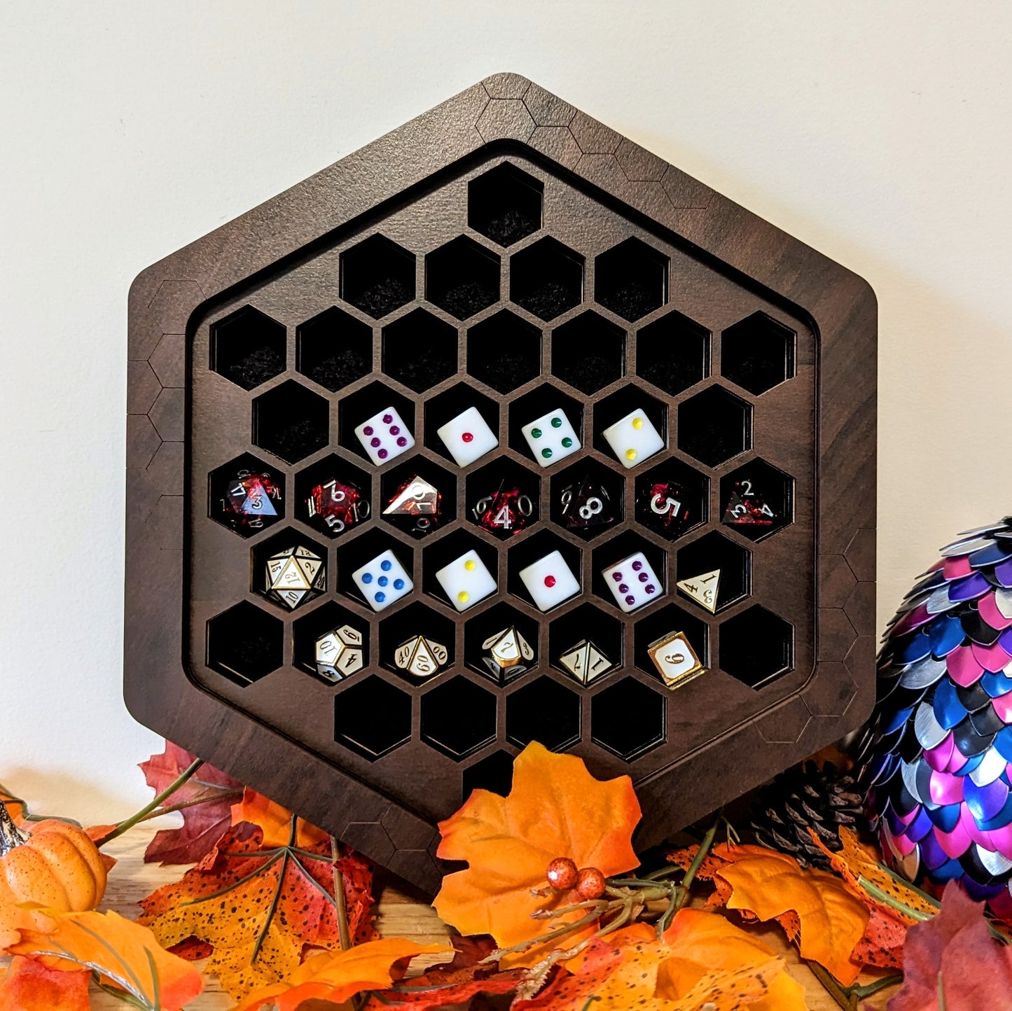 dragon woodshop dice display for a set of 7 standard dice, great gift for D&D dice goblins