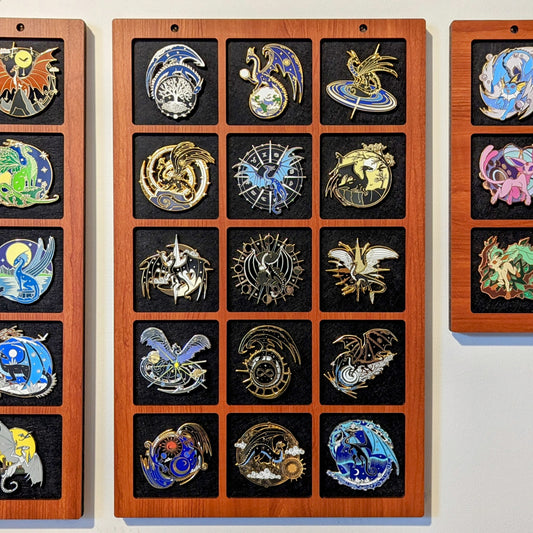 pin display for up to 3 inch enamel pins, handmade wooden pin frame, featuring dragon pins