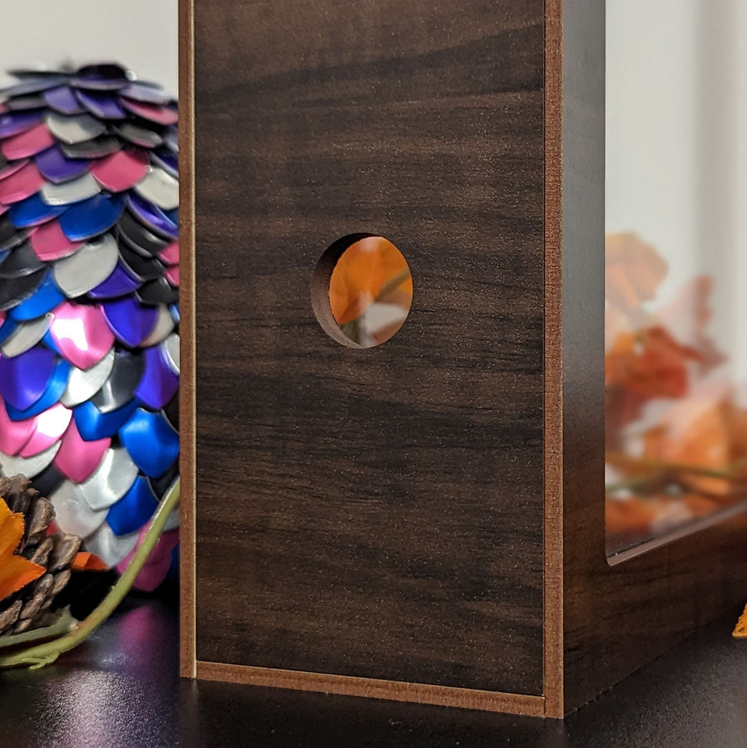 Custom size book display case by Dragon Woodshop close up of beathing holes on back of case