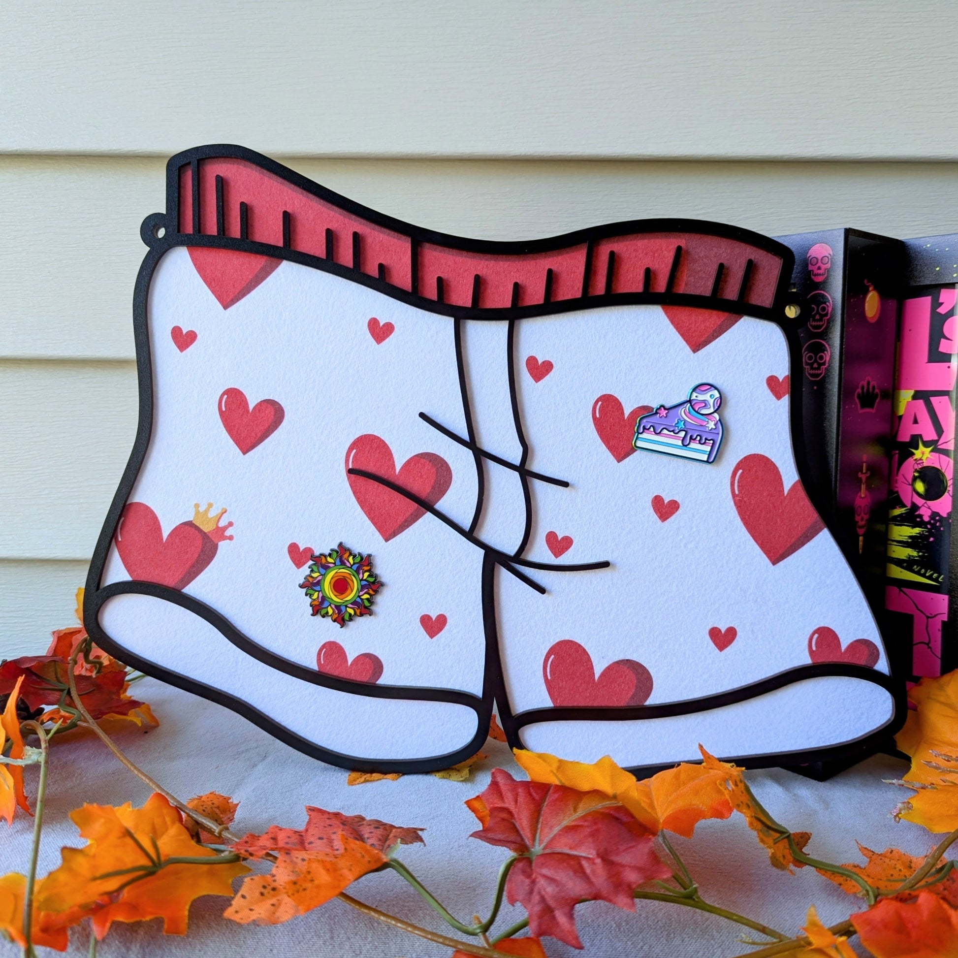 dungeon crawler carl white with red hearts boxers pin display