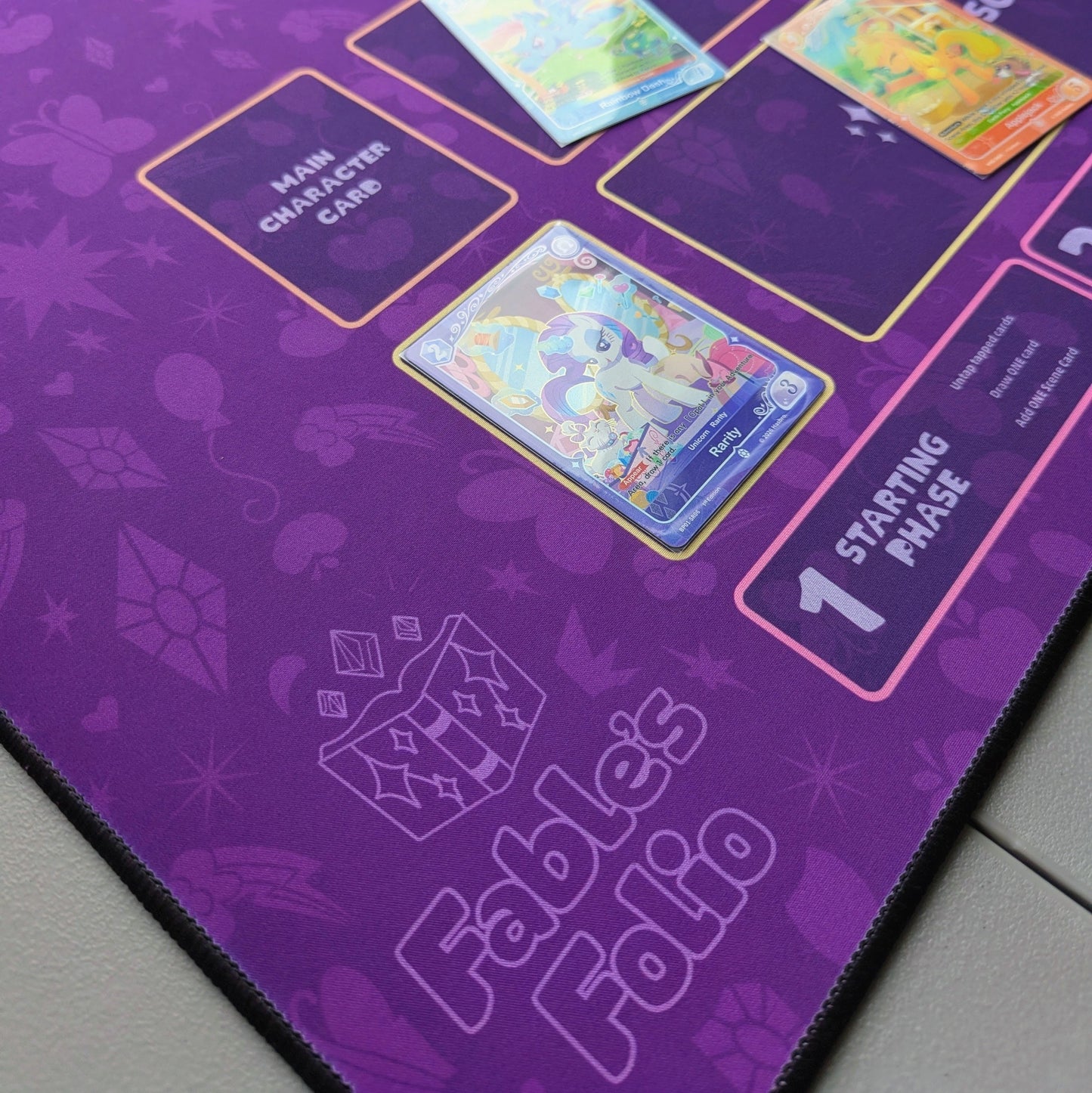 fable's folio playmat for my little pony trading card game from kayou magic the gathering applejack fluttershy rainbow dash rarity pinkie pie princess twilight sparkle