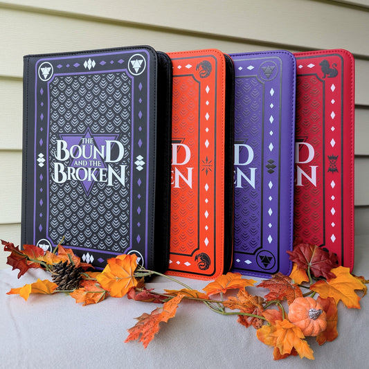 interior photo of the bound and the broken by Ryan Cahill collectible trading Patreon cards binder by dragon woodshop the order lorian empire Valtara wyvern