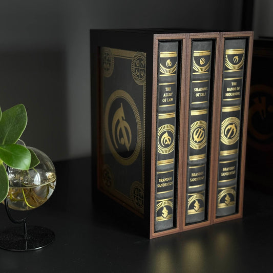 Custom size book display case by Dragon Woodshop made for Brandon Sanderson leatherbound mistborn books