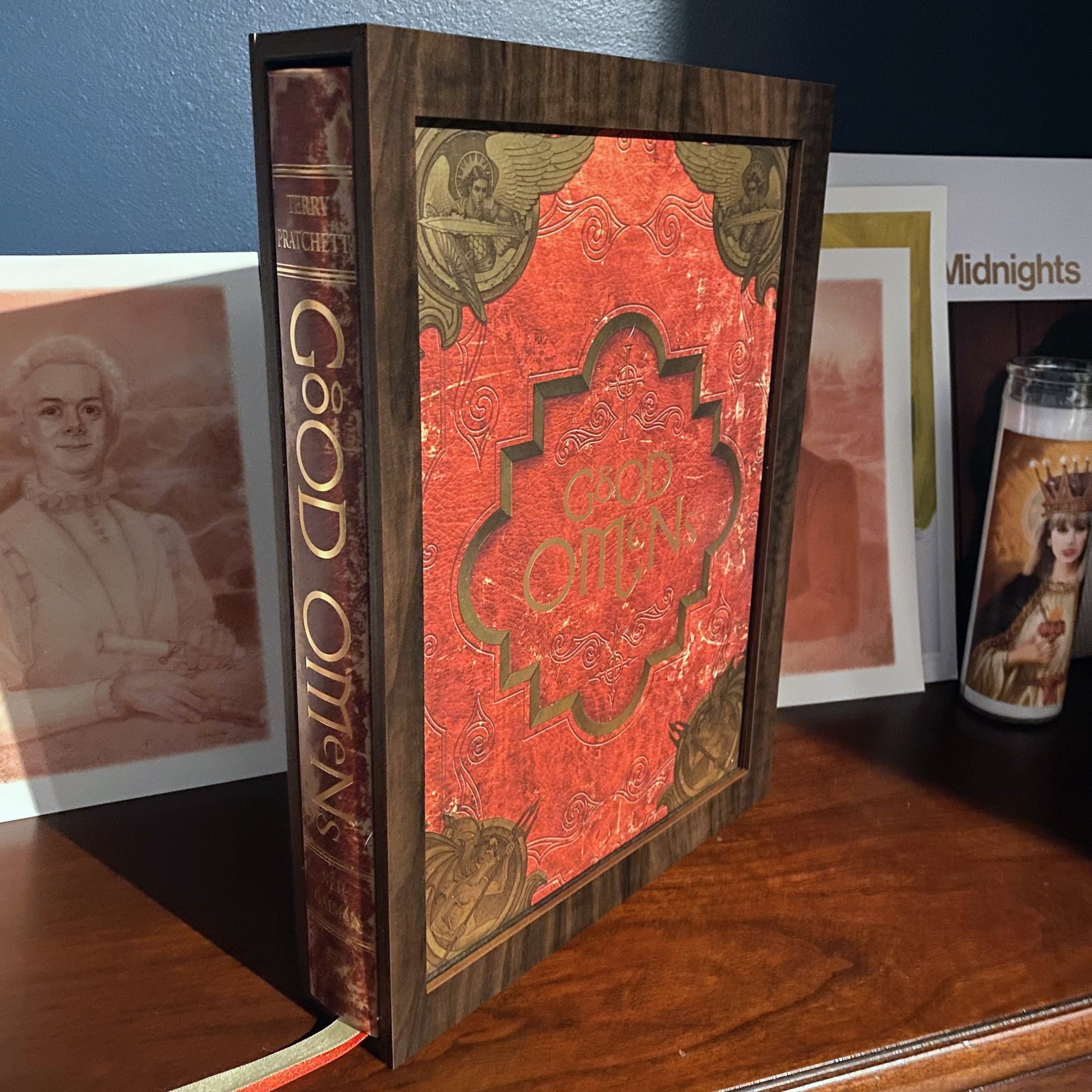 Custom size book display case by Dragon Woodshop featuring Good Omens by Neil Gaiman