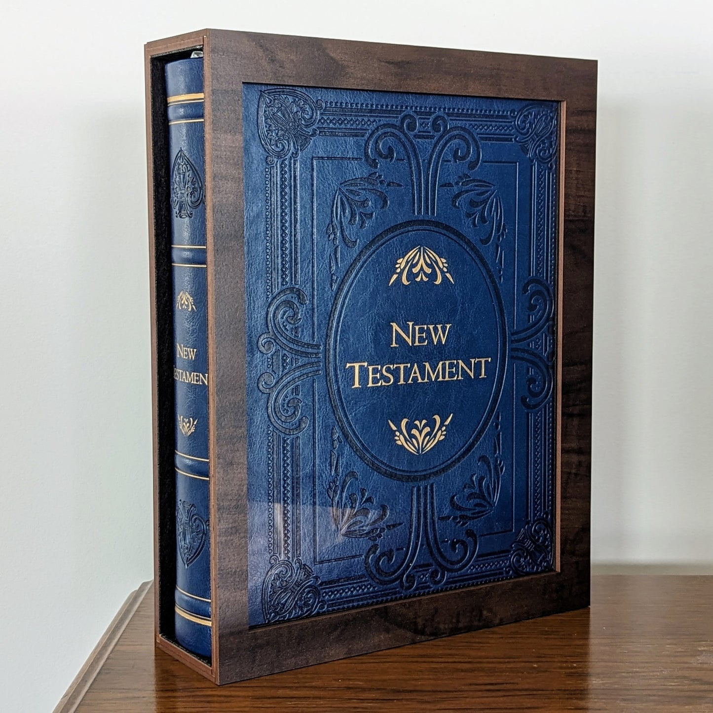 Custom size book display case by Dragon Woodshop featuring the Heirloom New Testament