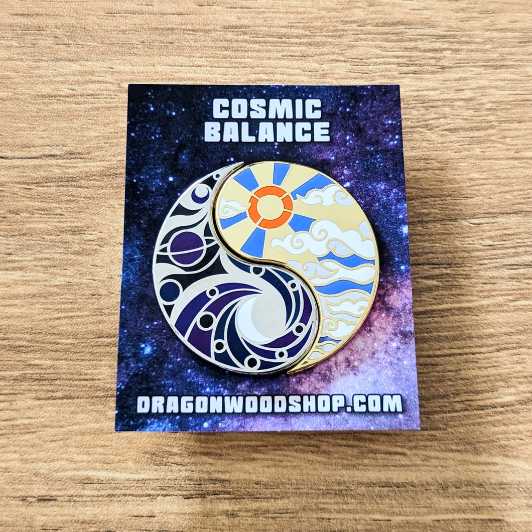 Cosmic Balance sun and moon hard enamel pins from Dragon Woodshop