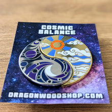 Load image into Gallery viewer, Cosmic Balance sun and moon hard enamel pins from Dragon Woodshop

