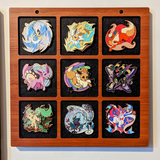 pin display for up to 3 inch enamel pins, handmade wooden pin frame, featuring eeveelution pins