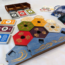 Load image into Gallery viewer, settlers of catan handmade wooden heirloom collector edition from dragon woodshop card caddy with custom development and resource cards
