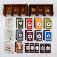Load image into Gallery viewer, settlers of catan handmade wooden heirloom collector edition from dragon woodshop card caddy with custom development and resource cards
