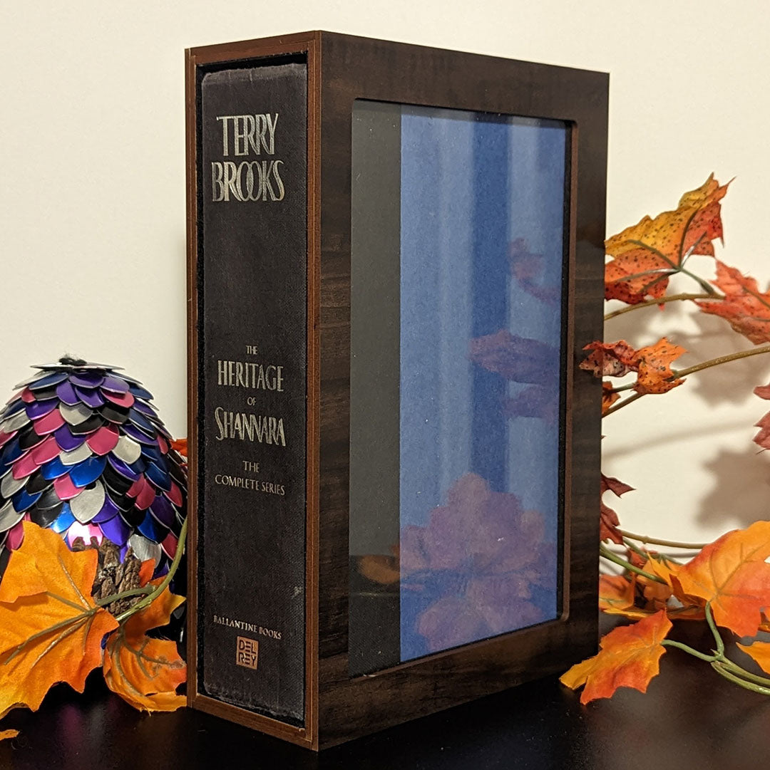 Custom size book display case by Dragon Woodshop showcasing Heritage of Shannara by Terry Brooks